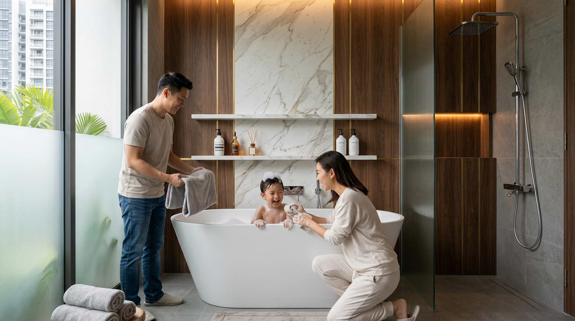 Young family in a premium bathroom with freestanding HERA bathtub and walnut vanity