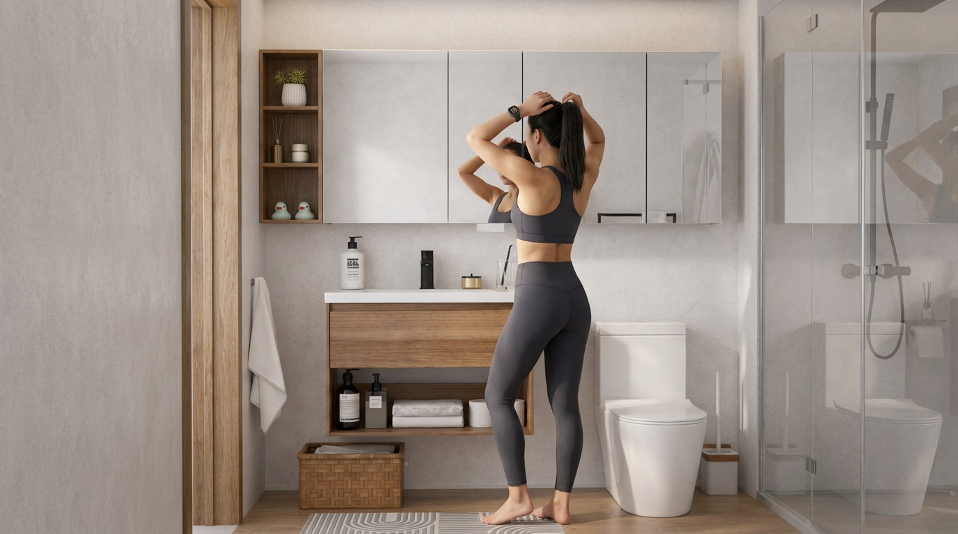 Woman getting ready at HERA vanity cabinet with mirror cabinet in bright Singapore bathroom