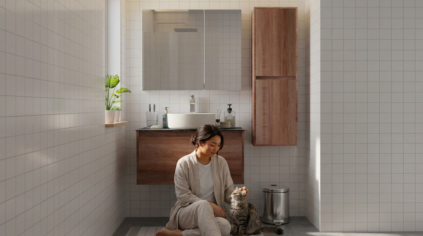 Woman relaxing with cat beside HERA vanity cabinet and side column