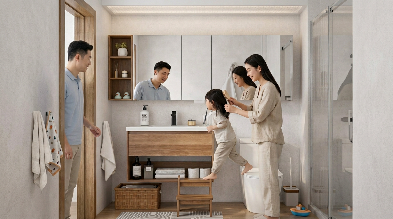 Family getting ready together at HERA vanity cabinet with mirror cabinet and open shelving